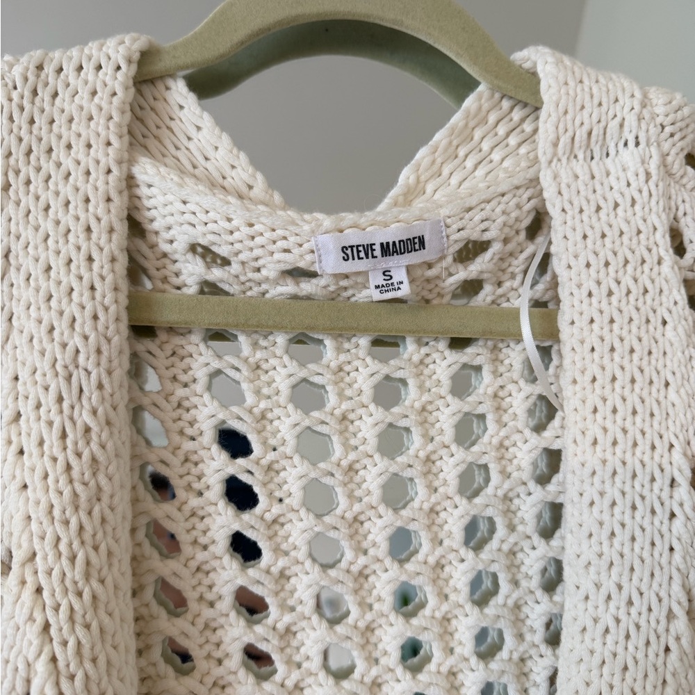 Steve Madden Cream V-Neck Button Front Open-Knit Sweater - Picture 7 of 14